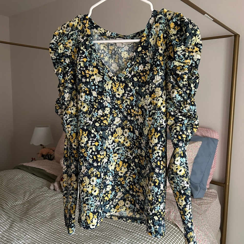 Floral Puff Sleeve Top - Black, Yellow, White